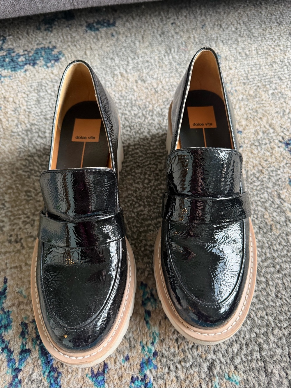 Dolce Vita Black Patent Leather Penny Loafers with Tan Sole